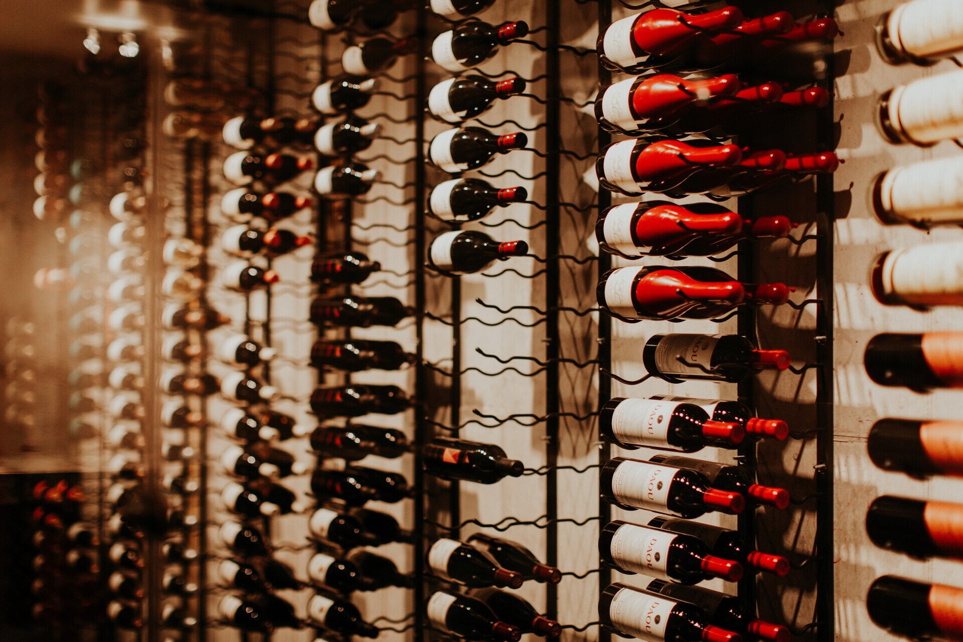 A wall of wine bottles racked label-out, lit warmly