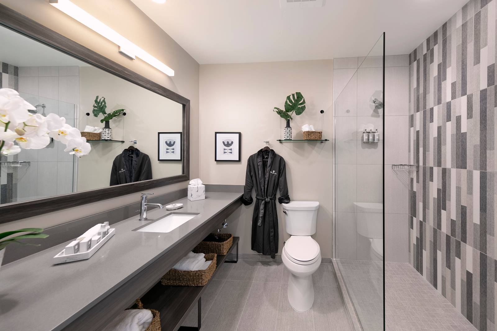 Deluxe King bathroom with a walk-in shower and long vanity