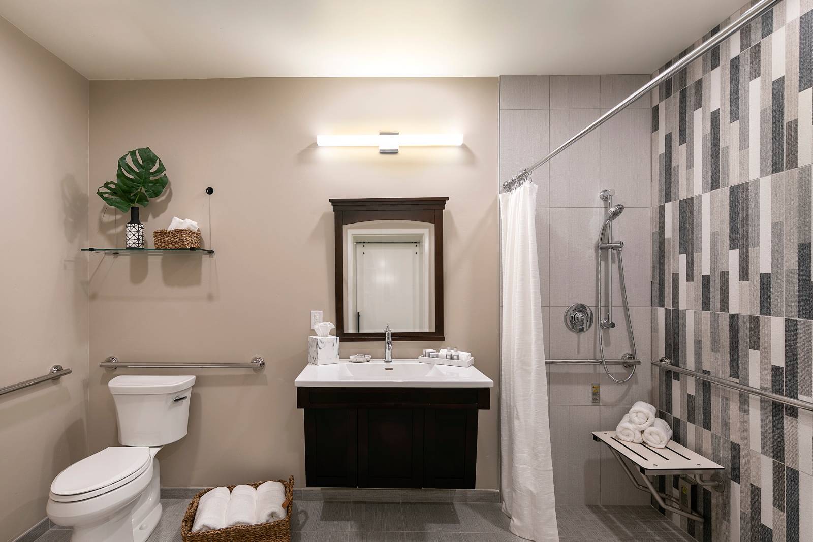 ADA bathroom with a roll-in shower and grab bars